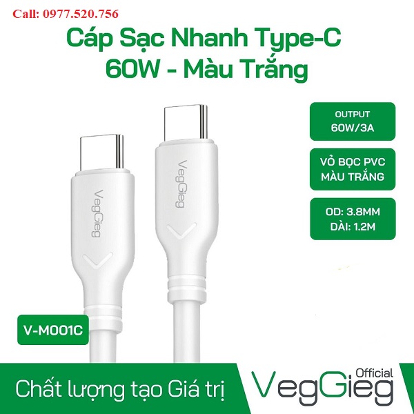 Cáp Sạc Nhanh USB type-C to type-C  60W dài 1.2m  VegGieg V-M001C